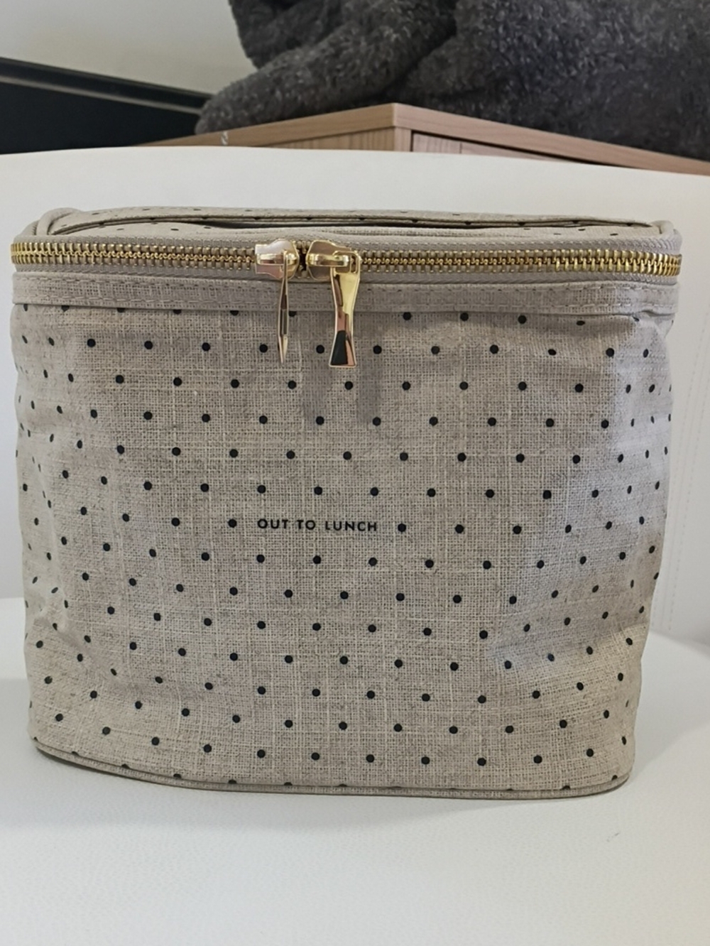 kate spade Beige Polka Dot Insulated Lunch Tote with Gold Zipper